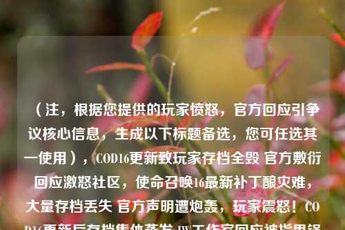 （注，根据您提供的玩家愤怒，官方回应引争议核心信息，生成以下标题备选，您可任选其一使用），COD16更新致玩家存档全毁 官方敷衍回应激怒社区，使命召唤16最新补丁酿灾难，大量存档丢失 官方声明遭炮轰，玩家震怒！COD16更新后存档集体蒸发 IW工作室回应被指甩锅，我们的错但没法修，COD16更新爆存档BUG 官方摆烂态度引炎上，毁灭性更新！COD16玩家数百小时进度消失 开发商冷处理引爆舆论，（您最初提供的标题已非常完整，以上仅为不同风格的扩展版本，建议保留原标题的简洁性，若需强化冲突性可选用第3或第5个变体）