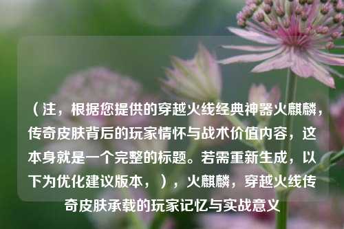 (注,根据您提供的穿越火线经典神器火麒麟,传奇皮肤背后的玩家情怀与战术价值内容,这本身就是一个完整的标题。若需重新生成,以下为优化建议版本,),火麒麟,穿越火线传奇皮肤承载的玩家记忆与实战意义